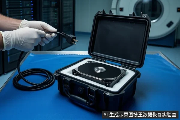 蓝色防静电垫上放置一个打开的黑色防震箱,箱内白色泡沫中平放一块裸露机械硬盘。左侧一双戴白色手套的手正握持一个黑色电源插头,悬停在硬盘上方。背景为模糊的服务器机柜和圆形洁净设备。