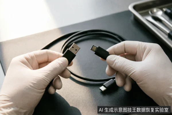 戴着白色防护手套的双手分别捏住USB-A接口和Micro-USB接口的黑色数据线两端,展示线缆连接头。背景为深色桌面及金属托盘中的维修工具,体现了对硬件连接链进行专业检查与排查的场景。