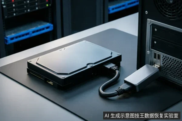 一块黑色机械硬盘通过USB转接盒连接至台式机后置接口,置于深色桌面,背景可见服务器机架。画面展示了排查存储设备物理连接与端口兼容性的测试场景。