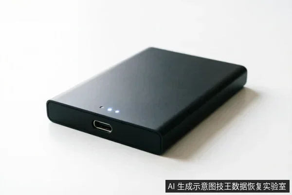 一个黑色的长方形移动硬盘平放在白色背景上,侧面可见USB-C接口及三个亮起的蓝色状态指示灯。