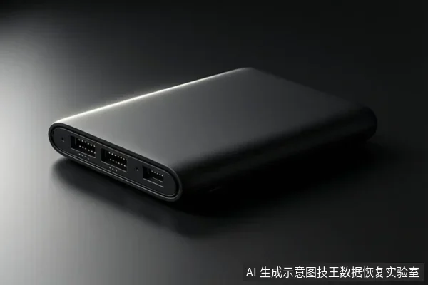深色桌面上放置一个黑色移动硬盘，前端可见多个接口，画面为暗调产品示意图。