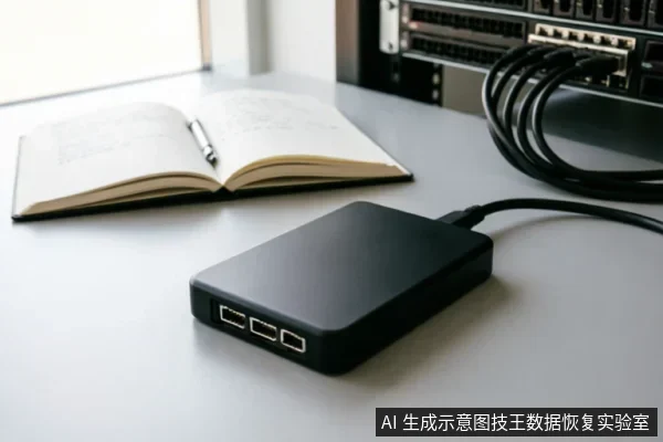 白色桌面上放置着一个黑色的多口USB集线器或转接设备，连接着线缆延伸至后方的网络交换机。旁边有一本摊开的笔记本和一支笔，暗示记录设备状态或操作日志的场景。