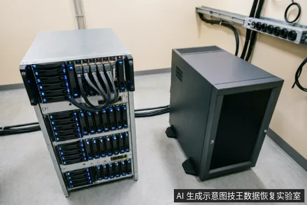 画面展示了一个数据恢复或服务器环境，左侧为装满硬盘托架的存储阵列，右侧为一个黑色机箱，背景可见电源排插与线缆。该场景体现了专业数据存储与硬件检测环境，符合段落中关于检查物理连接及专业工具评估的描述。
