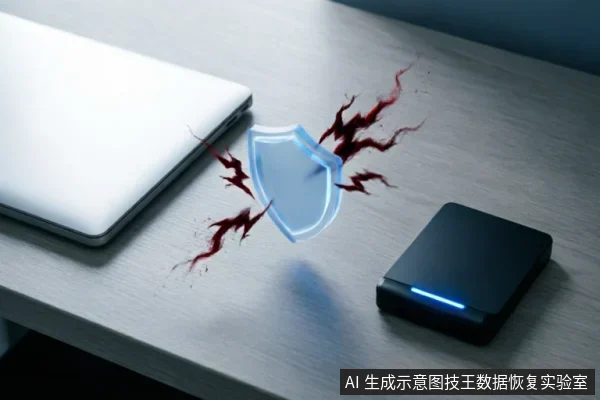 画面展示了一台闭合的银色笔记本电脑与一个亮着蓝灯的黑色移动硬盘放置在桌面上。两者之间悬浮着一个发光的蓝色全息盾牌,正抵挡住从硬盘方向袭来的红色闪电状能量冲击,象征数据安全防护。