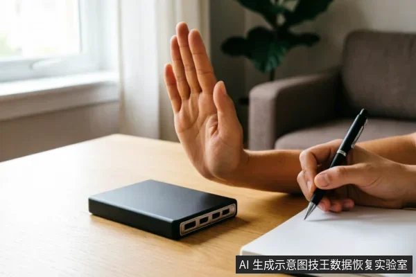 木质桌面上放置着一个黑色的移动硬盘，旁边有一本打开的笔记本。一只手正握笔在纸上记录信息，另一只手举起手掌做出停止的手势，示意暂停操作。