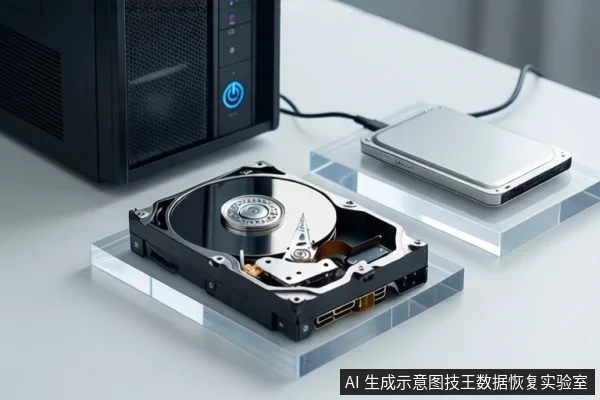 白色桌面上，左侧黑色主机亮蓝色电源灯，中间透明底座上平放一块打开外壳的机械硬盘，右侧银色移动硬盘通过黑色线缆连接主机。
