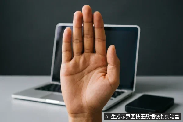 画面前景是一只手掌竖起,做出明确的停止手势。背景虚化显示一台打开的笔记本电脑和一个黑色的移动硬盘放置在桌面上。整体视觉传达出禁止操作、立即停止写入或切断连接的含义。