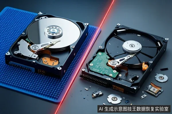 深色桌面上,左侧蓝色防静电垫上平放一块打开外壳的机械硬盘,右侧平放另一块打开外壳的硬盘,周围散落着电路板碎片和芯片。画面中间有一条红色分割线。