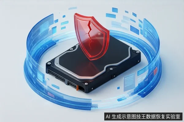 白色背景中，一块闭合的黑色机械硬盘平放在蓝色环形数据流特效中央，上方悬浮一个带有裂纹的红色盾牌图标。