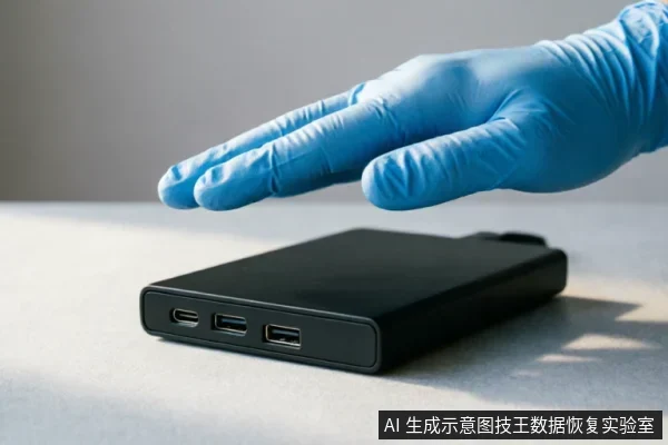 一只戴着蓝色防护手套的手悬停在一个黑色移动硬盘上方，硬盘侧面清晰可见USB-A和Type-C接口，置于浅色台面上。