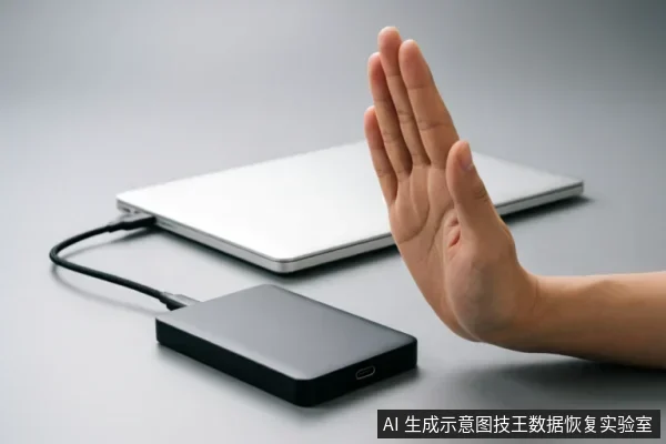 画面展示了一只手做出明确的“停止”手势，挡在连接着笔记本电脑的黑色移动硬盘前方。背景为闭合的银色笔记本，通过数据线外接硬盘。该动作直观传达了在存储设备出现异常时，应立即切断操作、禁止写入或通电的紧急止损概念。
