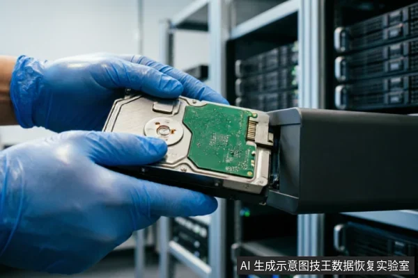 画面展示了一双戴着蓝色防静电手套的手,正在将一块机械硬盘插入服务器机架的专用插槽中。背景为模糊的数据中心设备,体现了专业环境下的存储介质操作场景。