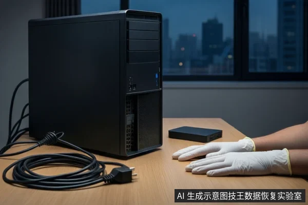 木质桌面上左侧是一台黑色台式主机,旁边盘绕着一根黑色电源线。右侧平放一个黑色移动硬盘,一双戴白色手套的手平放在桌面上,背景是模糊的窗户和城市夜景。