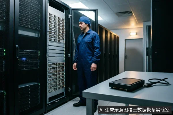 一名身穿蓝色工装的技术人员站在数据中心服务器机柜前,神情专注地检查设备状态。前景桌面上放置着一台连接线缆的黑色便携式存储设备,环境专业且整洁,暗示正在进行硬件检测或数据评估工作。