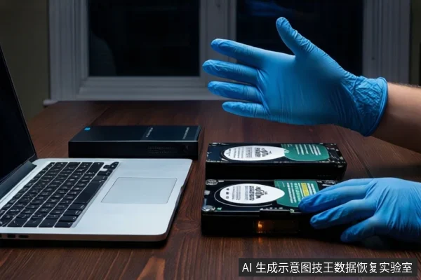 深色木桌上左侧有一台打开的银色笔记本电脑，中间平放一个黑色硬盘盒和两块打开外壳的机械硬盘。右侧一双戴蓝色手套的手掌张开，悬停在硬盘上方，背景是夜晚的窗户。