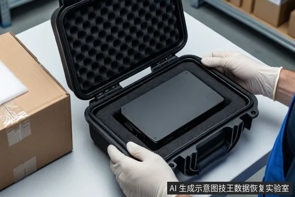 仓库环境中,白色桌面上放置一个打开的黑色防震箱,箱内为黑色防震泡沫。一双戴白色手套的手正扶握一块黑色移动硬盘,准备放入泡沫中。左侧桌面上放置一个封口的棕色纸箱。背景可见货架和堆叠的纸箱。