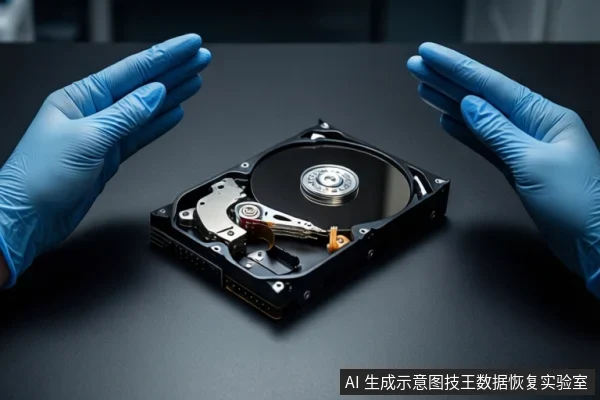 深色桌面上平放一块打开外壳的机械硬盘,可见盘片、主轴和磁头臂。前景一双戴蓝色手套的手掌张开悬停在硬盘两侧,背景为模糊的室内环境。
