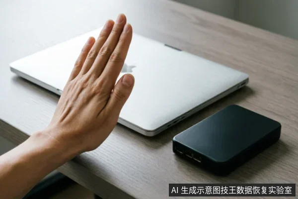 一只手掌在闭合的银色笔记本电脑上方做出停止的手势,旁边放置着一个黑色的外接移动硬盘。画面直观地传达了在面对存储设备故障时,应立即停止操作、切断连接以保护原始数据的原则。