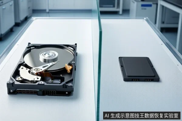 白色防静电工作台上,左侧平放一块打开外壳的机械硬盘,右侧平放一块黑色固态硬盘,两者之间有一道蓝色光带分隔,背景为模糊的实验室设备。