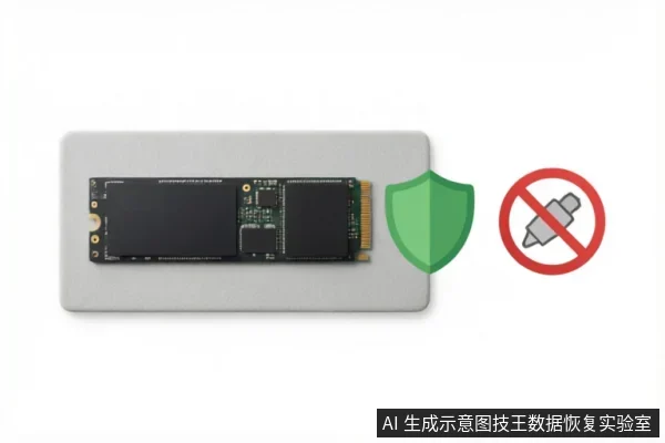 画面展示了一块放置在灰色底座上的M.2 SSD固态硬盘。硬盘右侧配有一个绿色盾牌图标和一个禁止螺丝刀的红色符号,直观表达了该设备处于受保护状态或只读模式,严禁进行物理拆卸或写入操作。