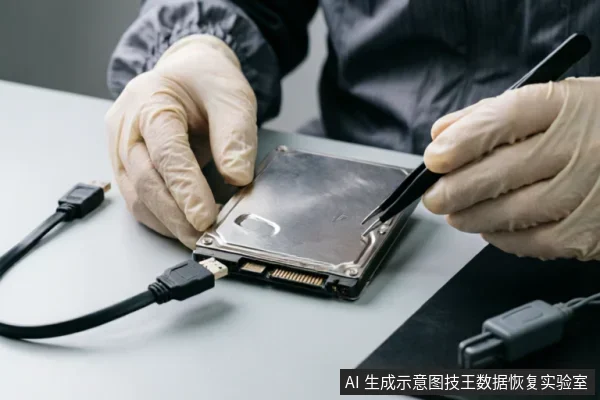 画面展示一名佩戴米色防静电手套的专业人员,正在操作一块连接着SATA数据线的3.5英寸机械硬盘。左手稳固托住硬盘,右手持黑色绝缘镊子接触金属顶盖边缘,背景为灰色工作台面及黑色防静电垫,体现了专业硬件检测或数据恢复的严谨环境。