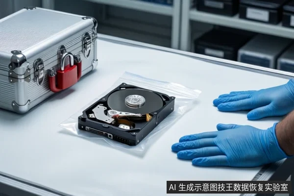 白色防静电工作台上,左侧银色金属防震箱挂有红色挂锁,中间透明防静电袋中平放一块打开外壳的机械硬盘,右侧一双戴蓝色手套的手平放桌面。