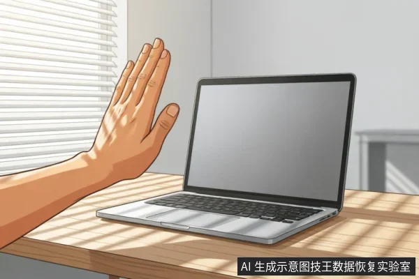 一只手掌在笔记本电脑前做出明确的停止手势,示意拒绝操作。电脑放置在木质桌面上,屏幕处于黑屏状态,背景有百叶窗投下的光影,强调立即断电和停止使用的紧急处理原则。