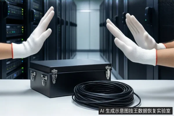 机房背景前,白色桌面上放置一个闭合的黑色金属箱和一卷黑色线缆。左右两侧各有一双戴白色手套的手,掌心朝外做出停止手势。