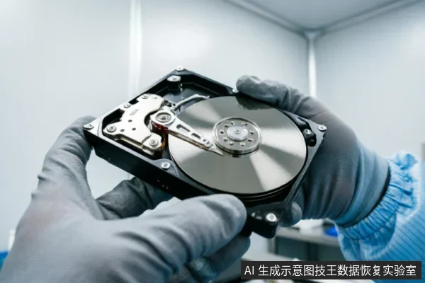 画面展示了一双戴着灰色防静电手套的手，正托举着一块已打开盖板的机械硬盘。清晰可见内部银色的磁盘盘片、读写磁头臂及中心转轴结构，背景为洁净的实验室环境，体现了专业硬件检测或数据恢复的操作场景。