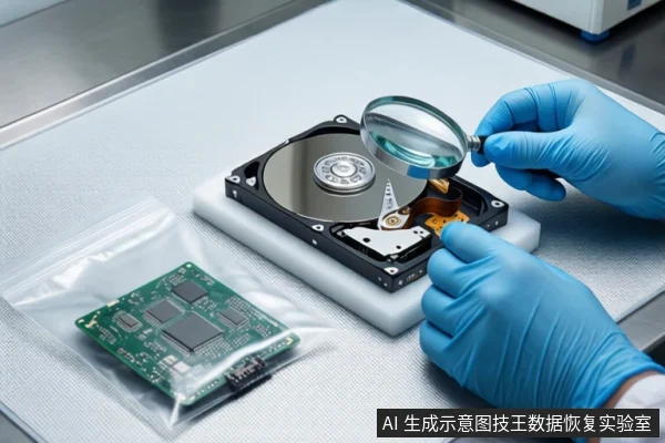 白色防静电工作台上,中间白色泡沫垫上平放一块打开外壳的机械硬盘,前景一双戴蓝色手套的手持放大镜观察硬盘内部组件,左侧透明防静电袋中装有一块绿色电路板。