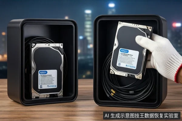 木质桌面上并排两个打开的黑色防震箱，箱内各有一块机械硬盘和盘绕的黑色线缆。右侧一只戴白手套的手正持握箱内硬盘，背景为模糊的城市夜景。