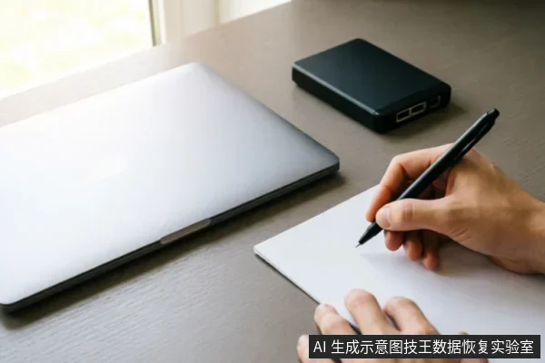 木质办公桌上放置着一台闭合的银色笔记本电脑和一个黑色移动硬盘。画面右侧,一双手正握笔在白色纸张上书写记录信息,模拟排查硬件故障时记录设备状态或识别信息的场景。