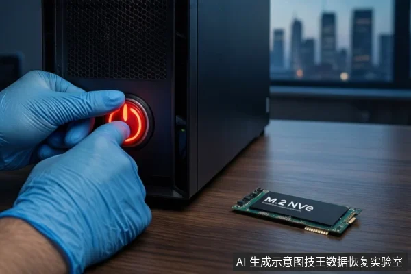 木质桌面上,一双戴蓝色手套的手正按压黑色塔式主机正面亮起的红色电源按钮,右侧平放一块M.2 NVMe固态硬盘,背景为模糊的城市夜景。