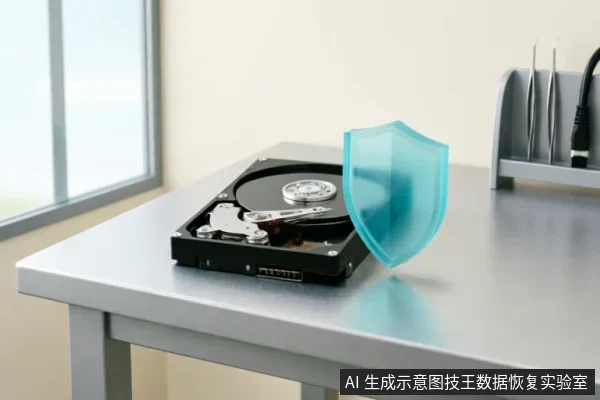 一张打开盖板的机械硬盘放置在灰色桌面上,旁边悬浮着一个半透明的蓝色盾牌图标,象征数据保护与安全。背景可见窗户及装有数据线的收纳架,示意在硬盘故障时停止操作以保护原始介质数据的理念。