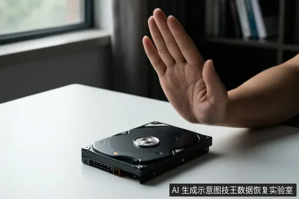 白色桌面上放置一块裸露的机械硬盘,右侧一只手掌抬起做出停止手势,背景为室内窗边环境。