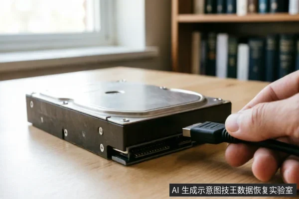 一只手正将SATA数据线插入放置在木质桌面上的台式机硬盘接口,背景为模糊的书架与窗户,展示了排查外部连接链路的物理操作场景。