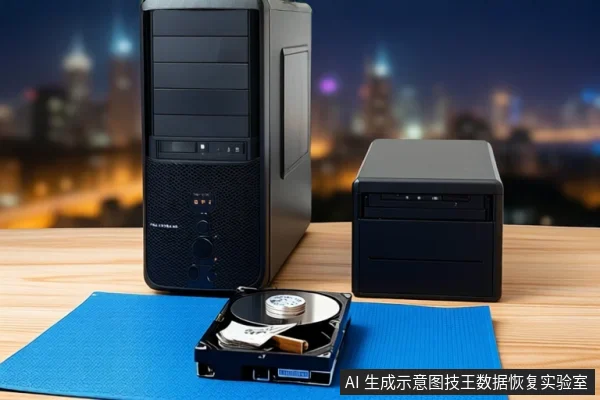 木质桌面上竖立一台黑色塔式主机，右侧放置一个闭合的黑色方形盒子，前景蓝色防静电垫上平放一块打开外壳的机械硬盘，背景为模糊的城市夜景。