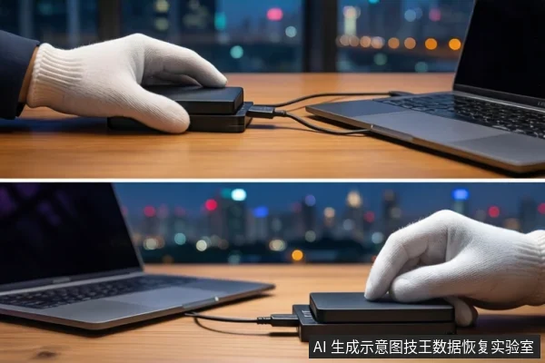 木质桌面上，一只戴白手套的手正将USB线插入黑色移动硬盘，右侧有一台打开的笔记本电脑，背景为模糊的城市夜景。