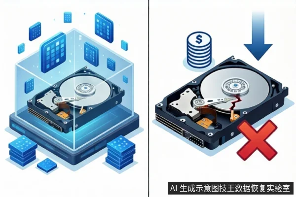 白色背景左右分栏：左侧打开的机械硬盘置于透明立方体中，周围悬浮蓝色数据块；右侧打开的机械硬盘磁头臂处有红色裂纹，上方有蓝色向下箭头和美元硬币堆，右下角有红色叉号。