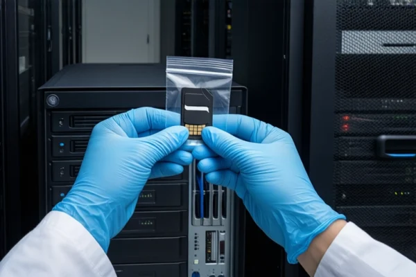 Gloved hands holding a small black SD card in a clear bag in front of a black PC tower.