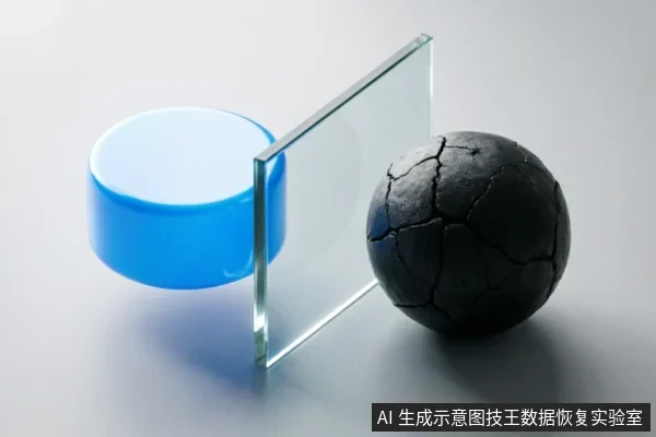 画面展示了一个蓝色圆柱体被一块透明玻璃板隔开，无法接触右侧一个表面布满裂纹的黑色球体。这种视觉隐喻象征着物理隔离、屏障或阻断，暗示了某种不可逾越的界限或停止接触的状态。