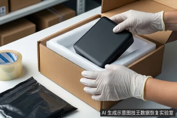 仓库环境中,白色桌面上放置一个装有白色泡沫的纸箱,泡沫中固定着一台黑色移动硬盘。左侧放置一卷透明胶带和一个黑色防静电袋。一双戴白色手套的手正扶握硬盘,准备放入泡沫中。背景可见货架和纸箱。