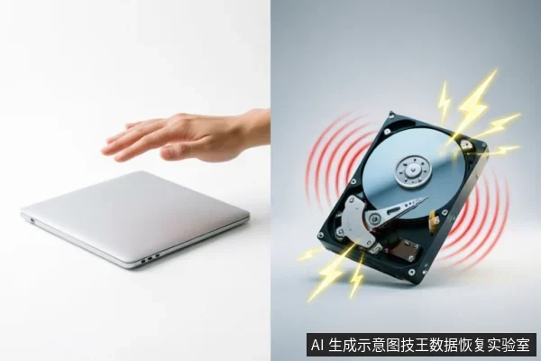 左侧展示一只手悬停在闭合的银色笔记本电脑上方,示意停止操作;右侧为一个正在震动并伴有闪电特效的机械硬盘,象征硬件物理故障或异常信号。