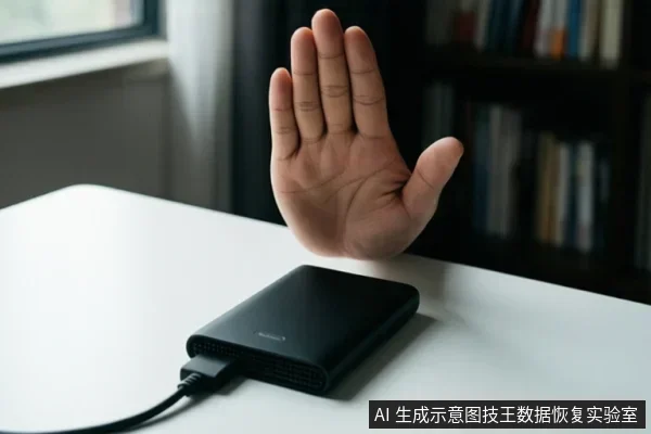 一只手悬停在白色桌面上的黑色外接存储设备上方,设备连接着数据线,背景为书架。