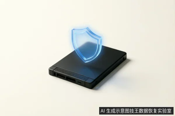 一个黑色的移动硬盘平放在白色背景上,其上方悬浮着一个发光的蓝色半透明盾牌图标,象征数据保护与只读安全状态。