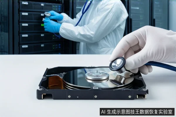 洁净室白色桌面上,前景平放一块打开外壳的机械硬盘,露出盘片与磁头组件。右侧一双戴白手套的手持听诊器贴向盘片。背景中一名穿无尘服的技术人员正在操作服务器机柜。
