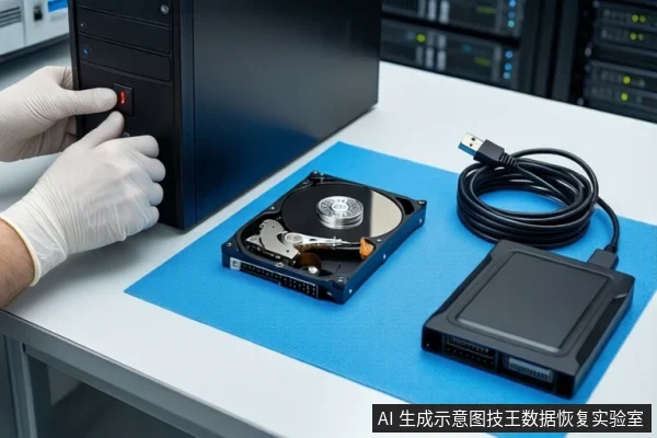 白色台面上铺着蓝色防静电垫,一双戴白手套的手正在按压黑色台式主机的电源按钮。主机旁平放着一块打开外壳的机械硬盘,右侧是一个连接着USB线缆的黑色硬盘盒,背景是模糊的服务器机柜。