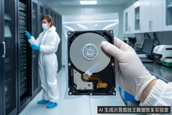 洁净室环境中,一只戴白色手套的手持握透明防静电袋,袋内装有一块打开外壳的机械硬盘。背景中一名穿白色无尘服的技术人员正操作服务器机柜。