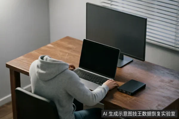 一名身穿灰色连帽衫的用户坐在木质办公桌前,正操作一台笔记本电脑。桌面上放置着一个外接显示器和一个黑色的长方形数据恢复专用硬件设备(只读锁或镜像驱动器),展示了专业数据评估与备份的工作场景。