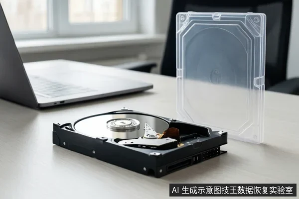办公桌上放置一台打开的笔记本电脑,旁边是一块拆开外壳的机械硬盘,可见盘片、主轴和磁头组件,右侧立着透明硬盘外壳。